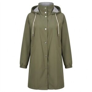 ZARA Women's LARGE Olive Green Hooded Raincoat Parka Jacket Striped Lining